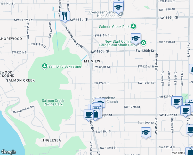 map of restaurants, bars, coffee shops, grocery stores, and more near 12309 11th Place Southwest in Seattle