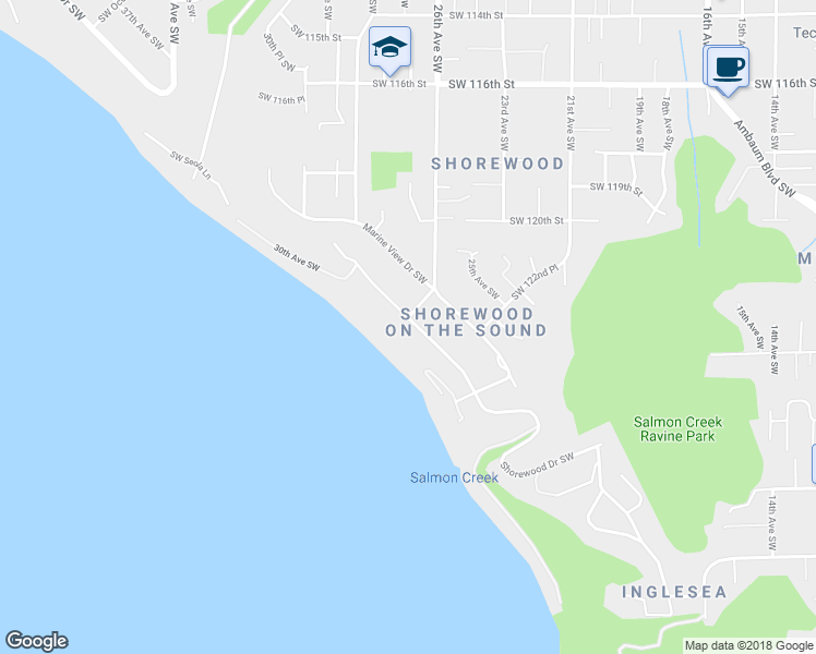 map of restaurants, bars, coffee shops, grocery stores, and more near 12203 Shorewood Drive Southwest in Burien