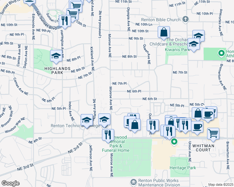 map of restaurants, bars, coffee shops, grocery stores, and more near 3319 Northeast 6th Place in Renton