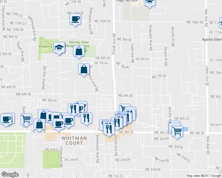 map of restaurants, bars, coffee shops, grocery stores, and more near 608 Chelan Place Northeast in Renton