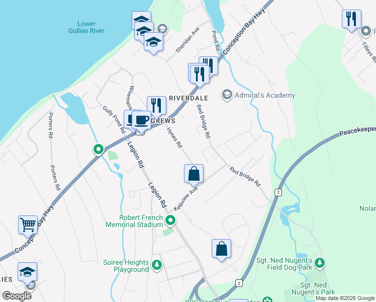 map of restaurants, bars, coffee shops, grocery stores, and more near 29 Hynes Road in Conception Bay South