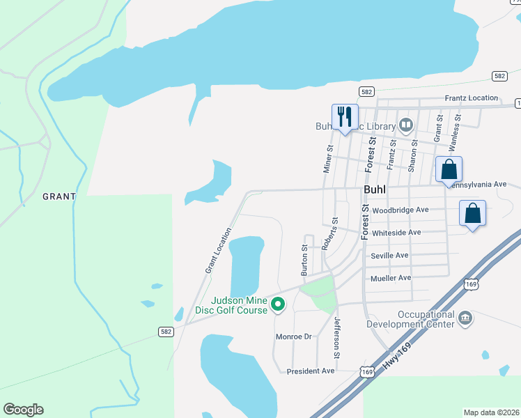map of restaurants, bars, coffee shops, grocery stores, and more near 100 Stubler Drive in Buhl