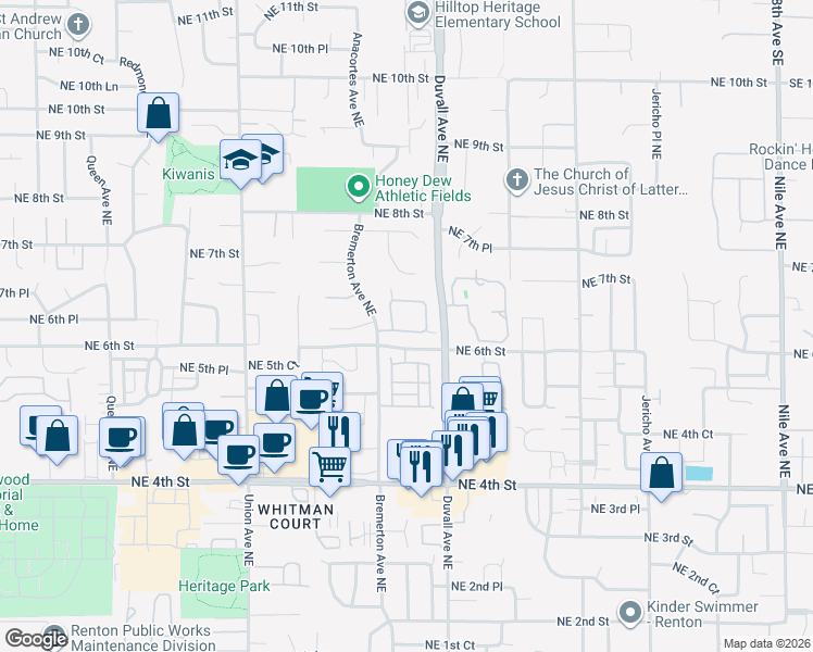 map of restaurants, bars, coffee shops, grocery stores, and more near 4526 Northeast 6th Court in Renton