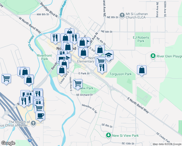 map of restaurants, bars, coffee shops, grocery stores, and more near 400 Downing Avenue North in North Bend
