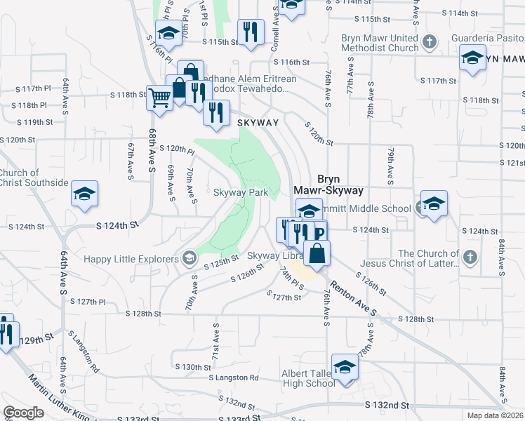 map of restaurants, bars, coffee shops, grocery stores, and more near 12421 74th Lane South in Seattle