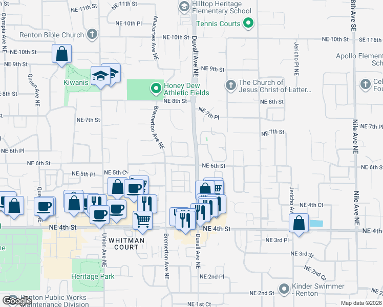 map of restaurants, bars, coffee shops, grocery stores, and more near 608 Chelan Place Northeast in Renton