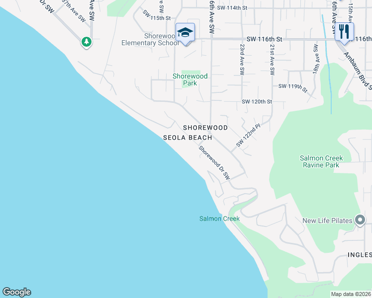 map of restaurants, bars, coffee shops, grocery stores, and more near 12139 Shorewood Drive Southwest in Burien
