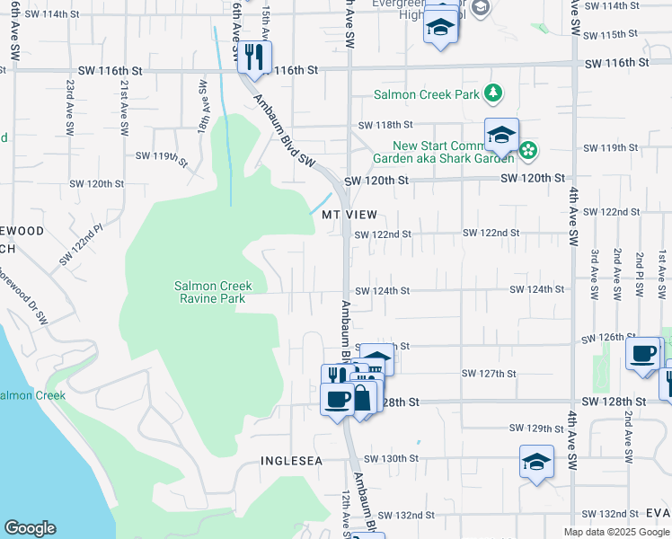 map of restaurants, bars, coffee shops, grocery stores, and more near 12311 Ambaum Boulevard Southwest in Burien