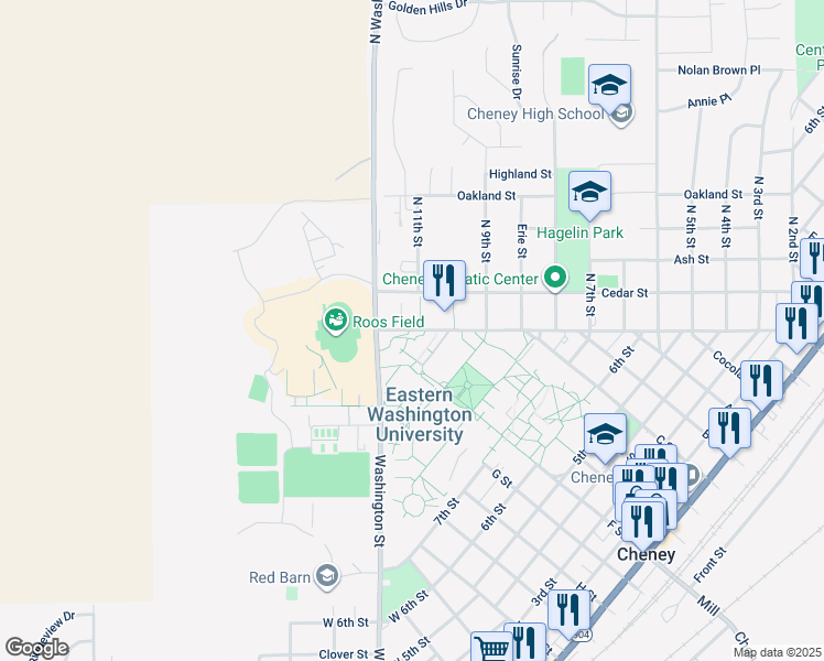 map of restaurants, bars, coffee shops, grocery stores, and more near 1123 Elm Street in Spokane