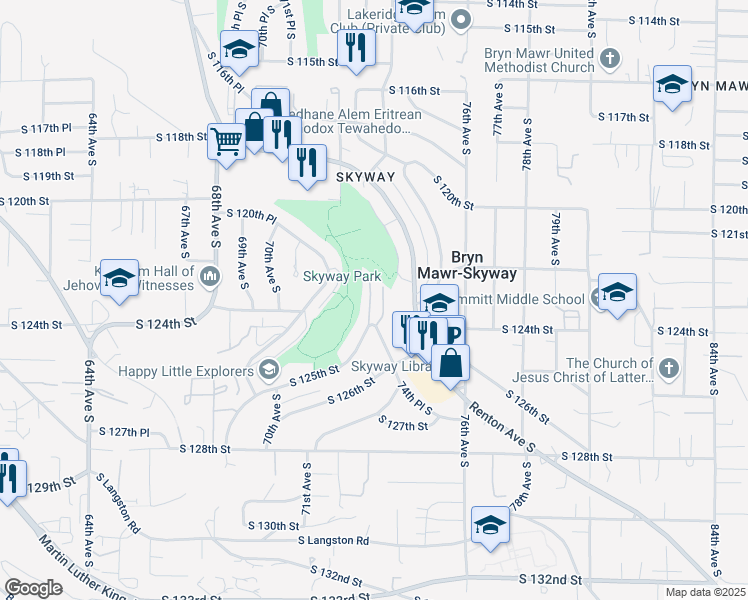 map of restaurants, bars, coffee shops, grocery stores, and more near 12415 73rd Lane South in Seattle