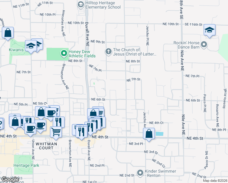map of restaurants, bars, coffee shops, grocery stores, and more near 625 Graham Avenue Northeast in Renton