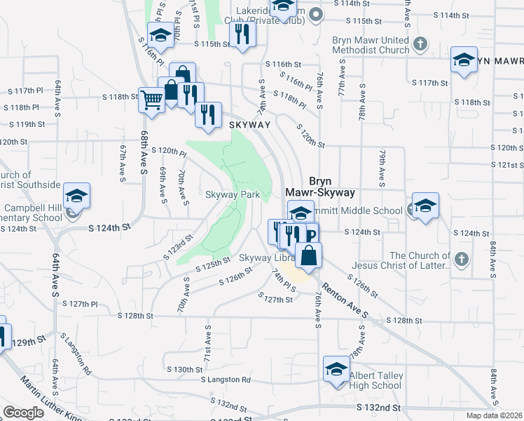 map of restaurants, bars, coffee shops, grocery stores, and more near 12421 74th Lane South in Seattle