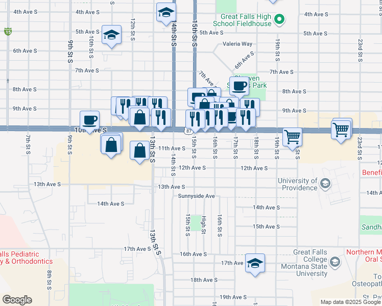 map of restaurants, bars, coffee shops, grocery stores, and more near 1426 11th Avenue South in Great Falls
