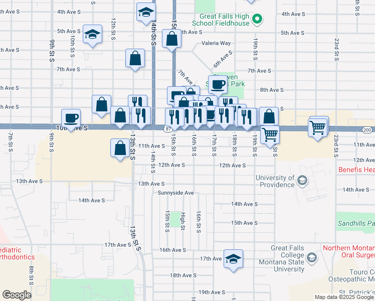 map of restaurants, bars, coffee shops, grocery stores, and more near 1518 11th Ave S in Great Falls
