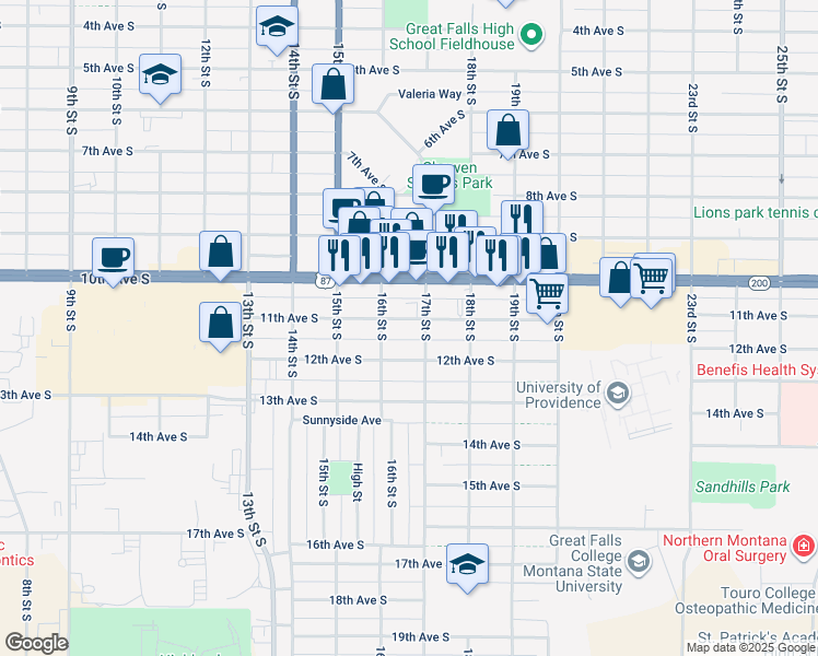 map of restaurants, bars, coffee shops, grocery stores, and more near 1618 11th Avenue South in Great Falls