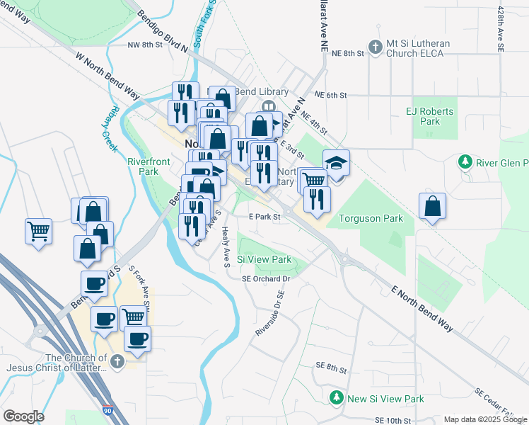 map of restaurants, bars, coffee shops, grocery stores, and more near 324 East Park Street in North Bend