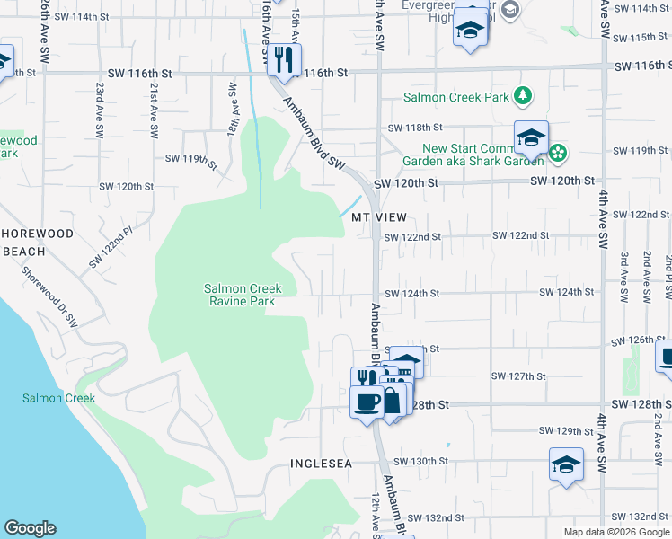 map of restaurants, bars, coffee shops, grocery stores, and more near 12330 13th Place Southwest in Burien