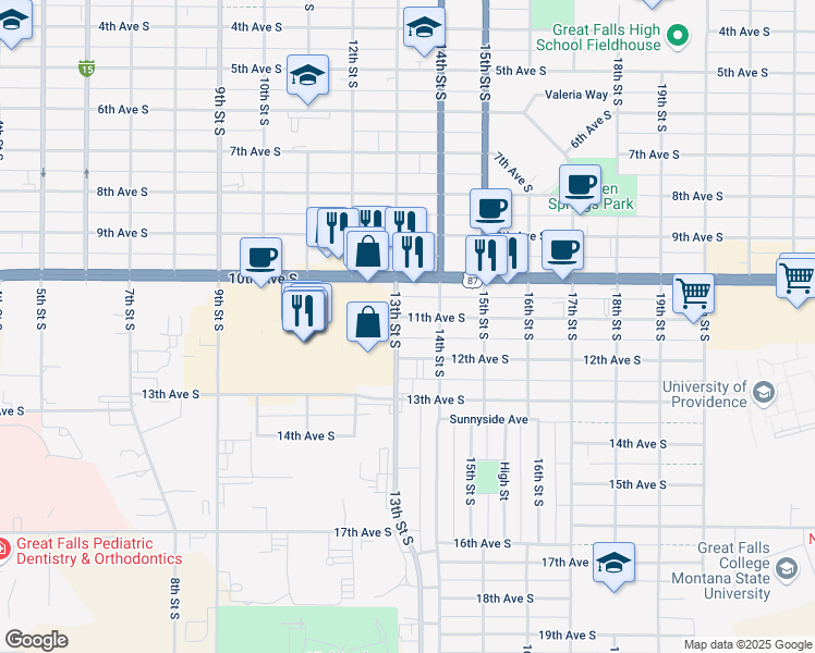 map of restaurants, bars, coffee shops, grocery stores, and more near 1101 13th Street South in Great Falls