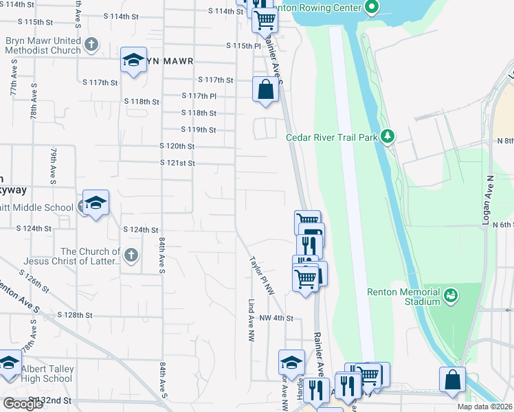 map of restaurants, bars, coffee shops, grocery stores, and more near 309 Northwest 7th Street in Renton
