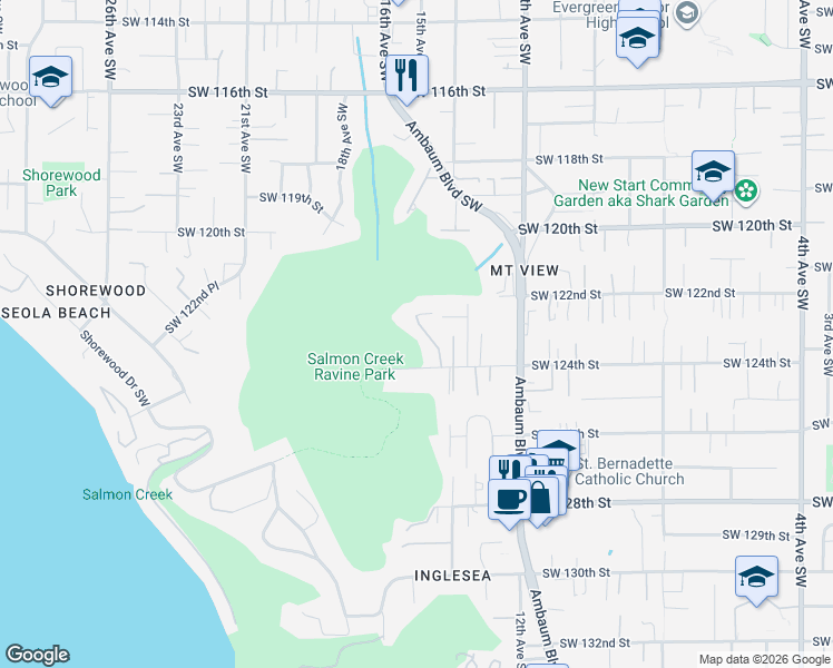map of restaurants, bars, coffee shops, grocery stores, and more near 12295 15th Avenue Southwest in Burien