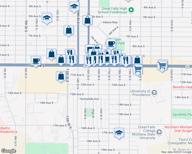 map of restaurants, bars, coffee shops, grocery stores, and more near 1518 11th Ave S in Great Falls