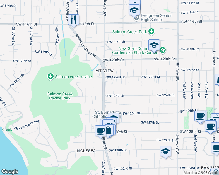 map of restaurants, bars, coffee shops, grocery stores, and more near 12309 11th Place Southwest in Seattle