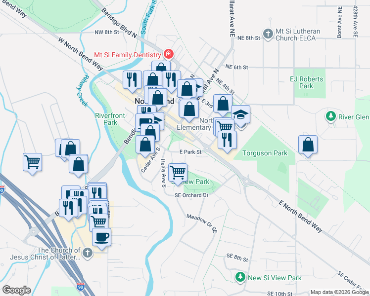 map of restaurants, bars, coffee shops, grocery stores, and more near 312 East Park Street in North Bend