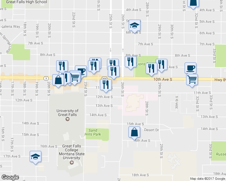 map of restaurants, bars, coffee shops, grocery stores, and more near 2500 11th Avenue South in Great Falls