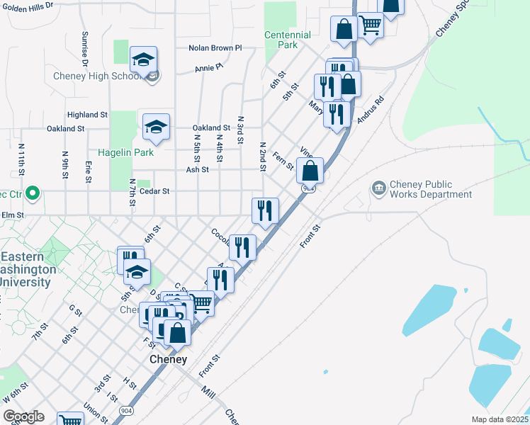 map of restaurants, bars, coffee shops, grocery stores, and more near 1203 2nd Street in Cheney