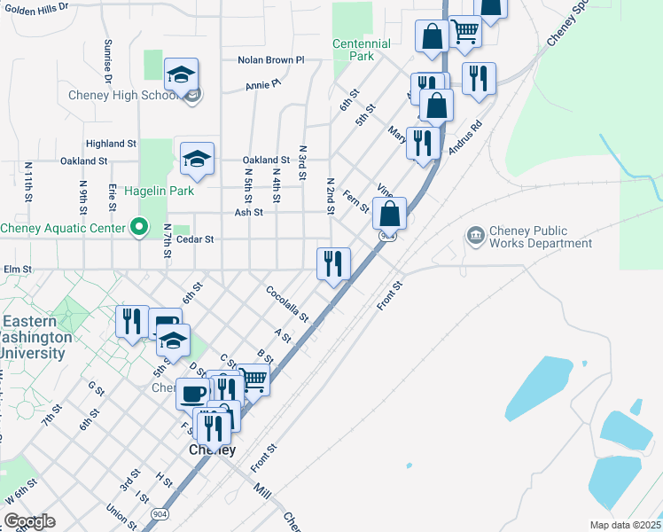 map of restaurants, bars, coffee shops, grocery stores, and more near 1203 2nd Street in Cheney