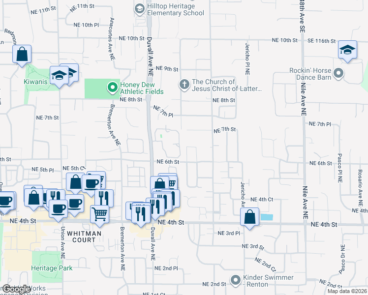 map of restaurants, bars, coffee shops, grocery stores, and more near 650 Duvall Avenue Northeast in Renton