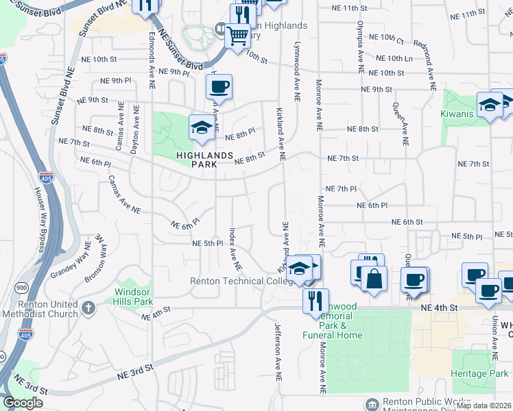 map of restaurants, bars, coffee shops, grocery stores, and more near 651 Index Place Northeast in Renton