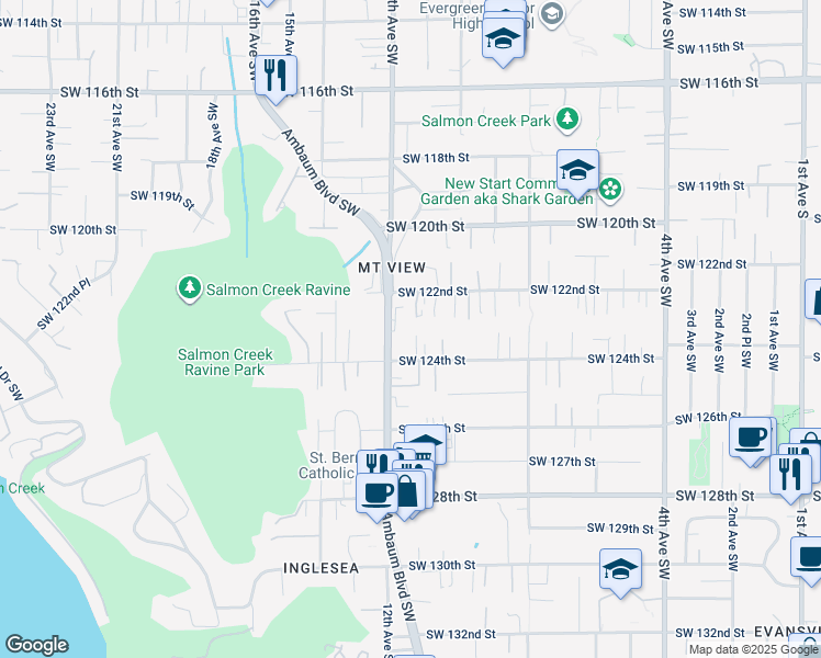 map of restaurants, bars, coffee shops, grocery stores, and more near 12309 11th Place Southwest in Seattle