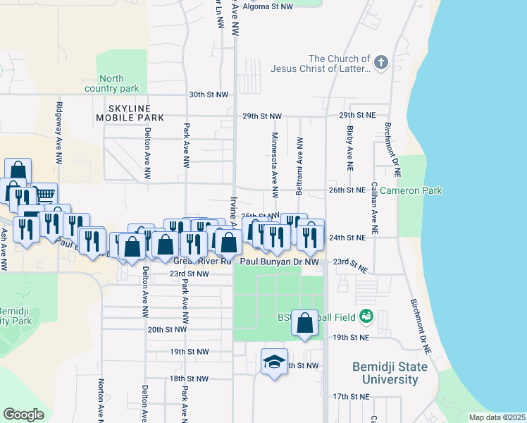 map of restaurants, bars, coffee shops, grocery stores, and more near 322 26th Street Northwest in Bemidji