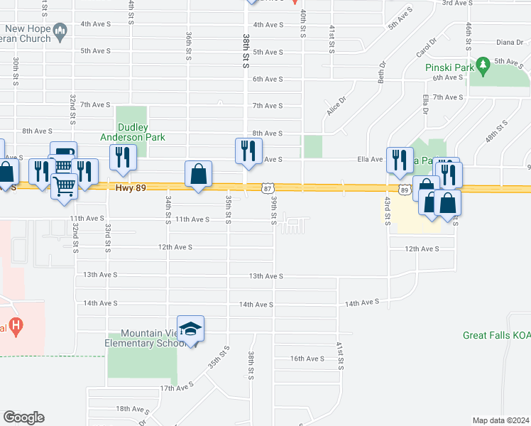 map of restaurants, bars, coffee shops, grocery stores, and more near 3800 10th Avenue South in Great Falls