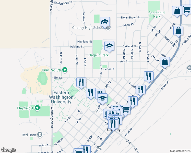 map of restaurants, bars, coffee shops, grocery stores, and more near 705 Elm Street in Cheney