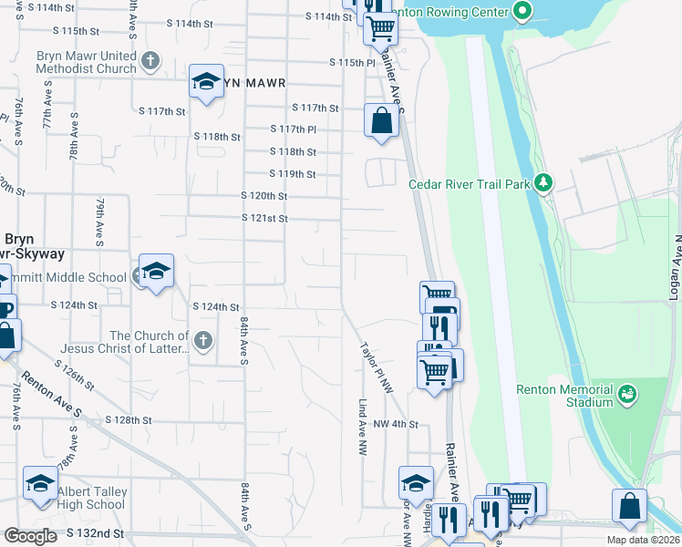 map of restaurants, bars, coffee shops, grocery stores, and more near 662 Stevens Avenue Northwest in Renton