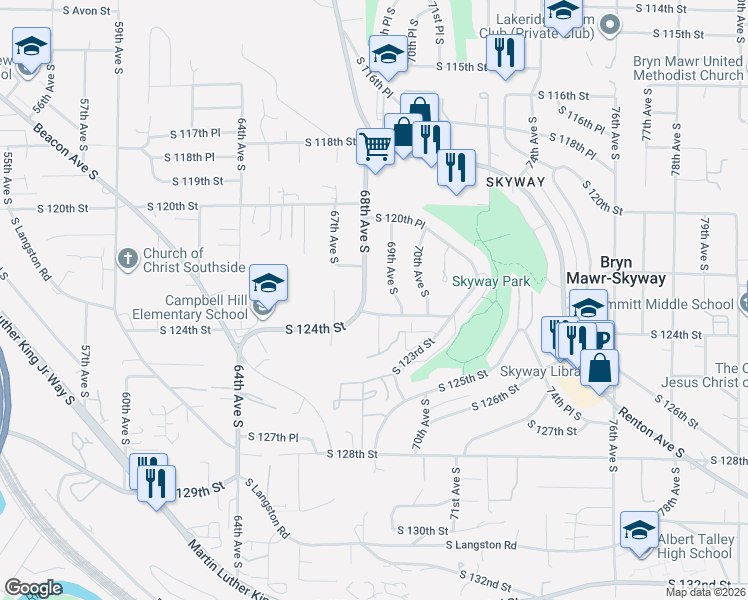map of restaurants, bars, coffee shops, grocery stores, and more near 12230 68th Avenue South in Seattle