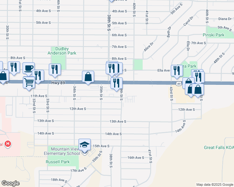 map of restaurants, bars, coffee shops, grocery stores, and more near 3800 10th Avenue South in Great Falls