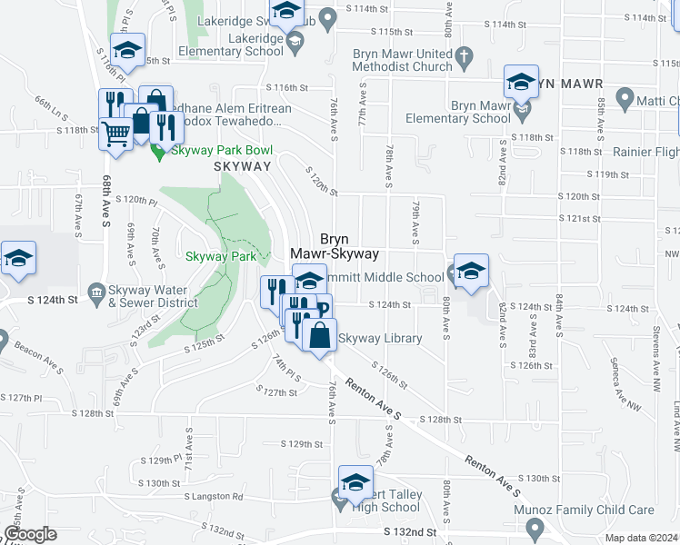 map of restaurants, bars, coffee shops, grocery stores, and more near 12228 76th Avenue South in Seattle