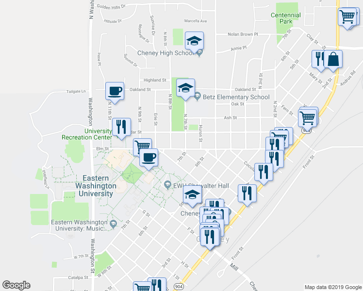 map of restaurants, bars, coffee shops, grocery stores, and more near 10 North 7th Street in Cheney