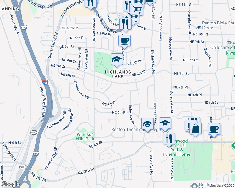 map of restaurants, bars, coffee shops, grocery stores, and more near 640 Glennwood Court Northeast in Renton