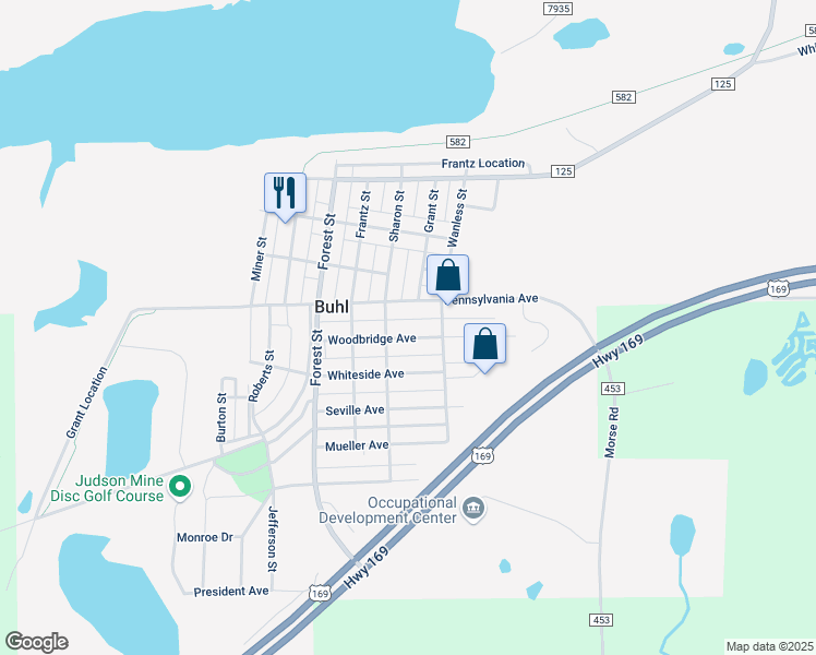 map of restaurants, bars, coffee shops, grocery stores, and more near 515 Woodbridge Avenue in Buhl