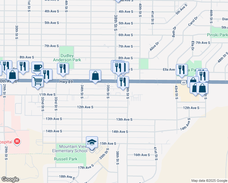 map of restaurants, bars, coffee shops, grocery stores, and more near 3509 11th Avenue South in Great Falls