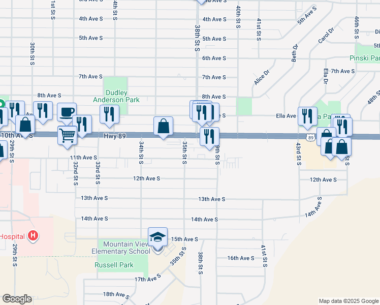 map of restaurants, bars, coffee shops, grocery stores, and more near 1020 35th Street South in Great Falls