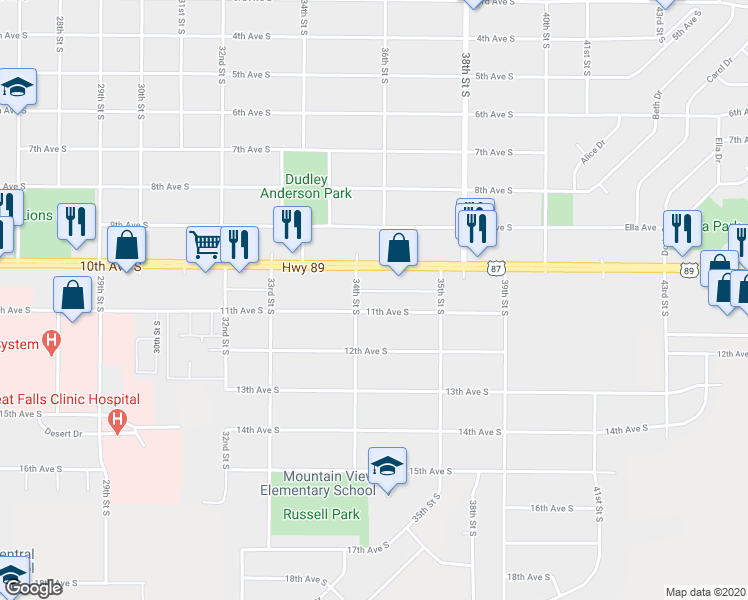 map of restaurants, bars, coffee shops, grocery stores, and more near 3401 11th Avenue South in Great Falls
