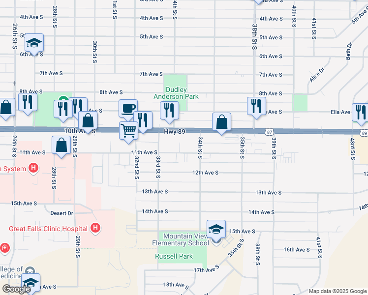 map of restaurants, bars, coffee shops, grocery stores, and more near 3345 11th Avenue South in Great Falls