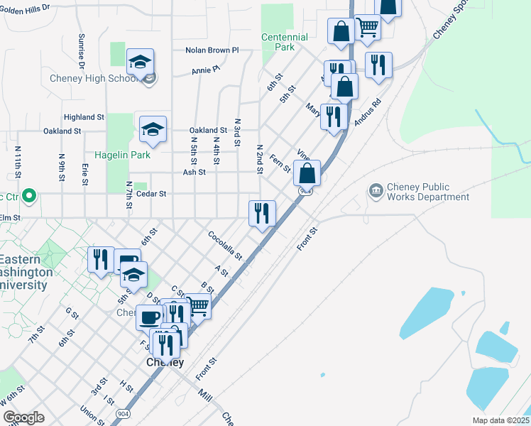map of restaurants, bars, coffee shops, grocery stores, and more near 1203 2nd Street in Cheney