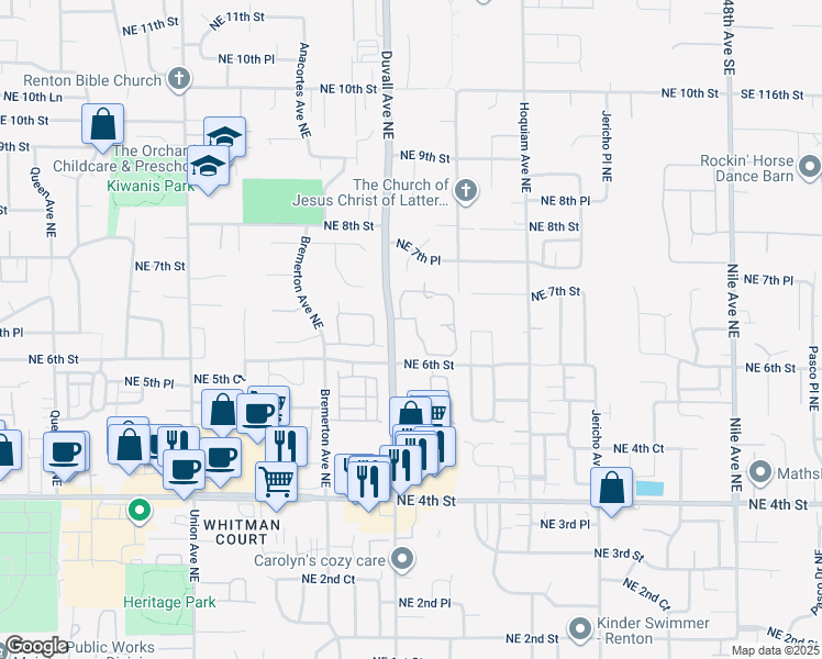 map of restaurants, bars, coffee shops, grocery stores, and more near 650 Duvall Avenue Northeast in Renton