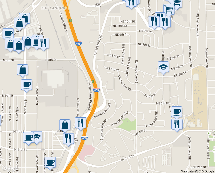 map of restaurants, bars, coffee shops, grocery stores, and more near 2128 Northeast 6th Court in Renton